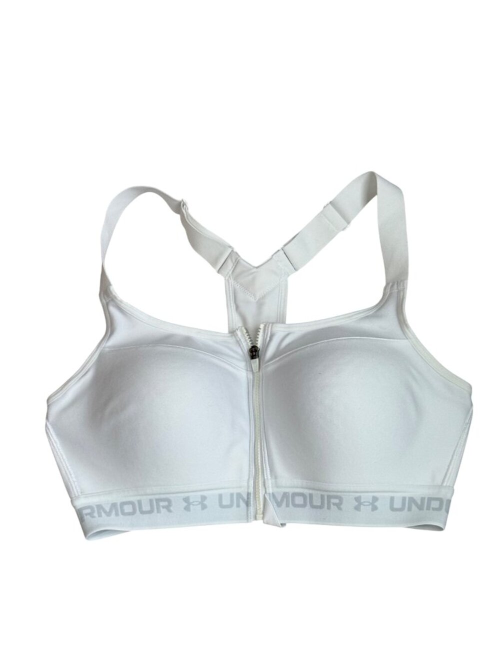 Under Armour Sports Bra Size 36 C Front Zip White Athletic w/ Adjustable Straps